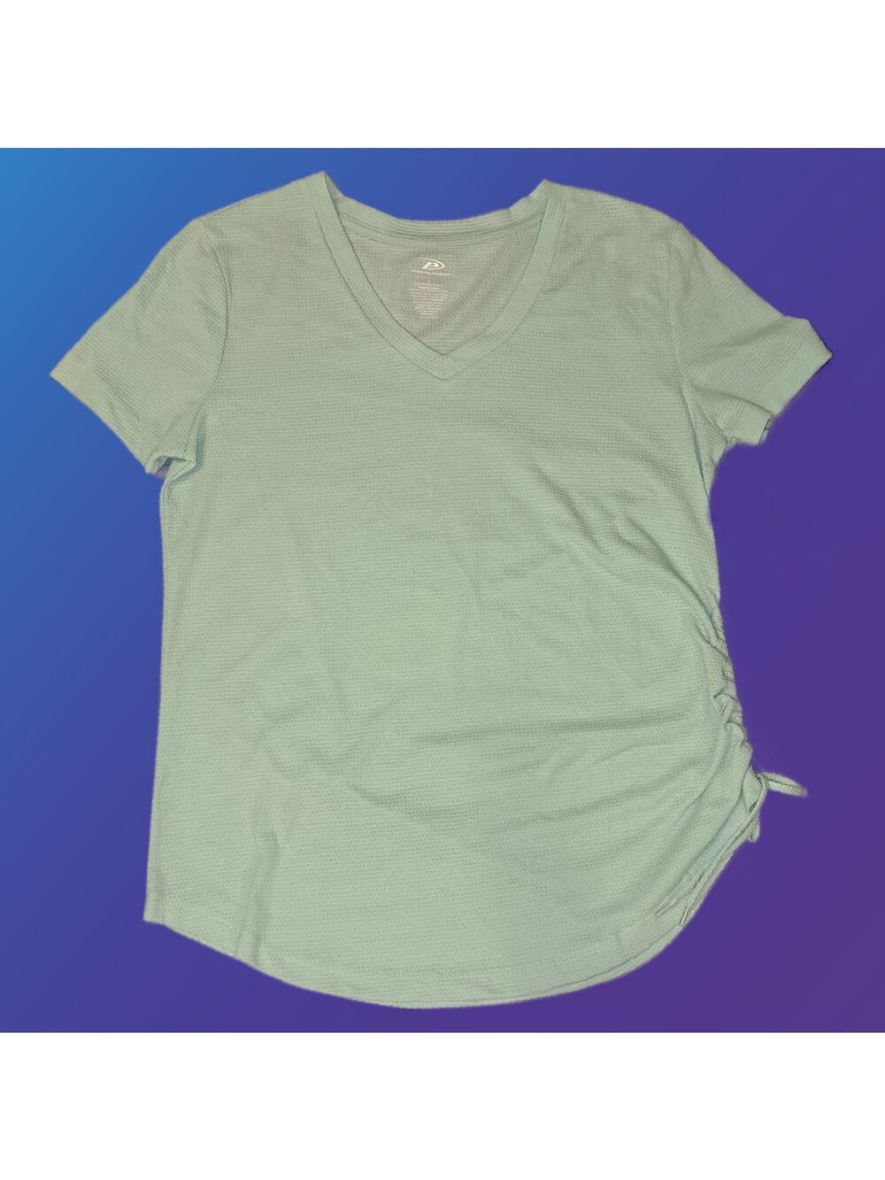 Ladies Large Ruched V Neck Light Blue Athletics Short Sleeve Shirt